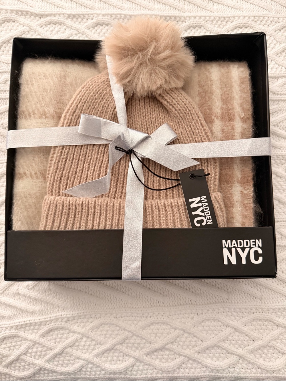 Madden NYC Pom Beanie and Scarf Set in Beige